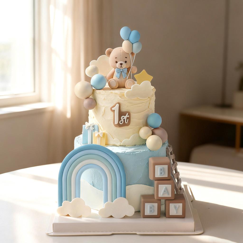 Luxury Blue Bear Cake Toppers Decorations Rainbow Balloon Bears with Balls Cake Decor for Baby Shower Girls Boys Birthday Party