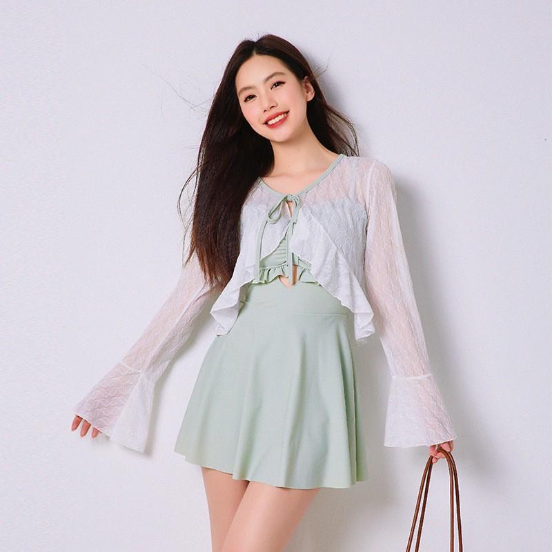 

Small Fresh Long-sleeved Sunscreen Blouse Swimsuit Women s Belly Cover Conservative Hot Sexy Fairy Onepiece Dress L