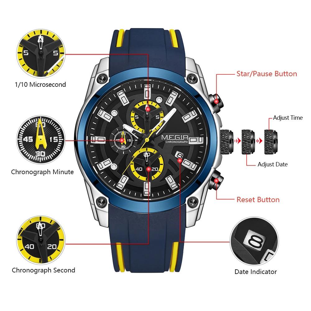 Megir Men's Quartz Watch Luxury Silicone Band 3ATM Water Resistant Business Chronograph Mens Sports WristWatches