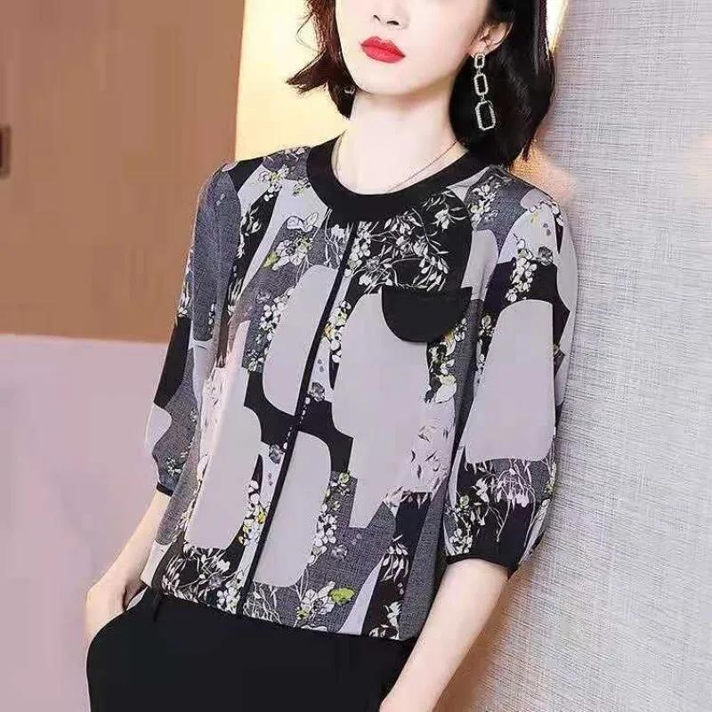 Women S Chiffon Short Sleeve Round Neck Loose Fit Summer Blouse S