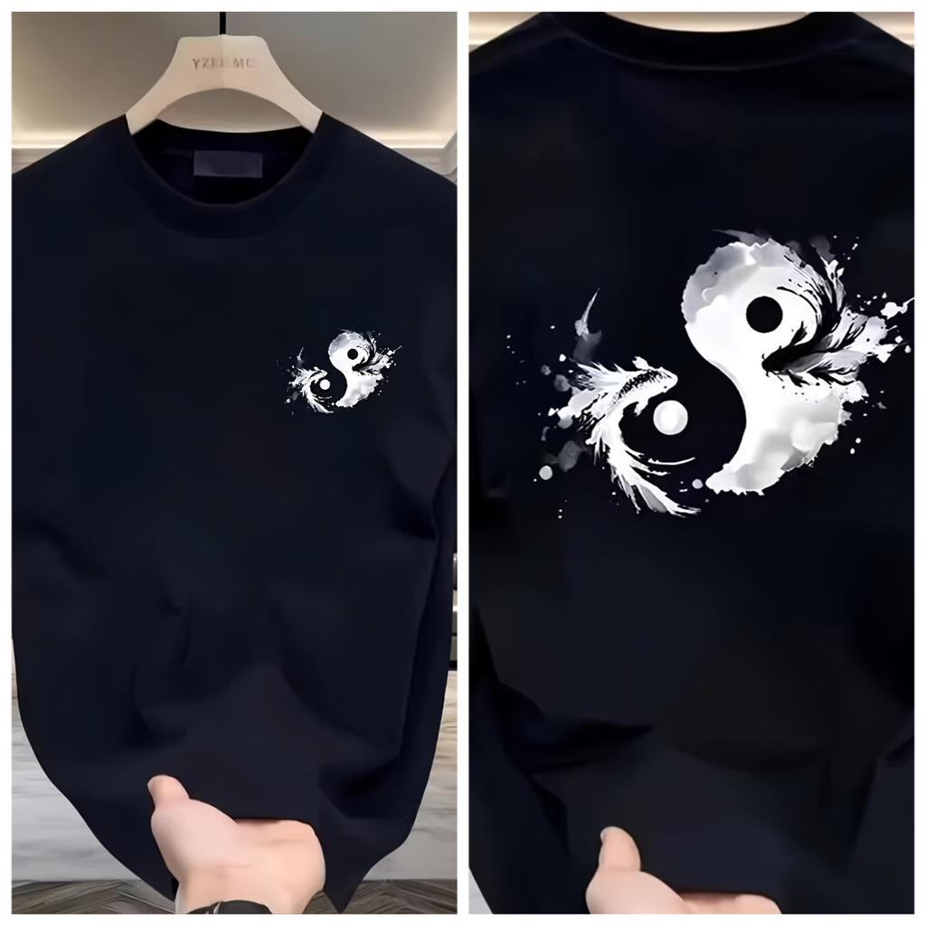 Men Black Cotton T-shirt White Long Print Casual Short-sleeved Round Neck T-shirt Summer Breathable