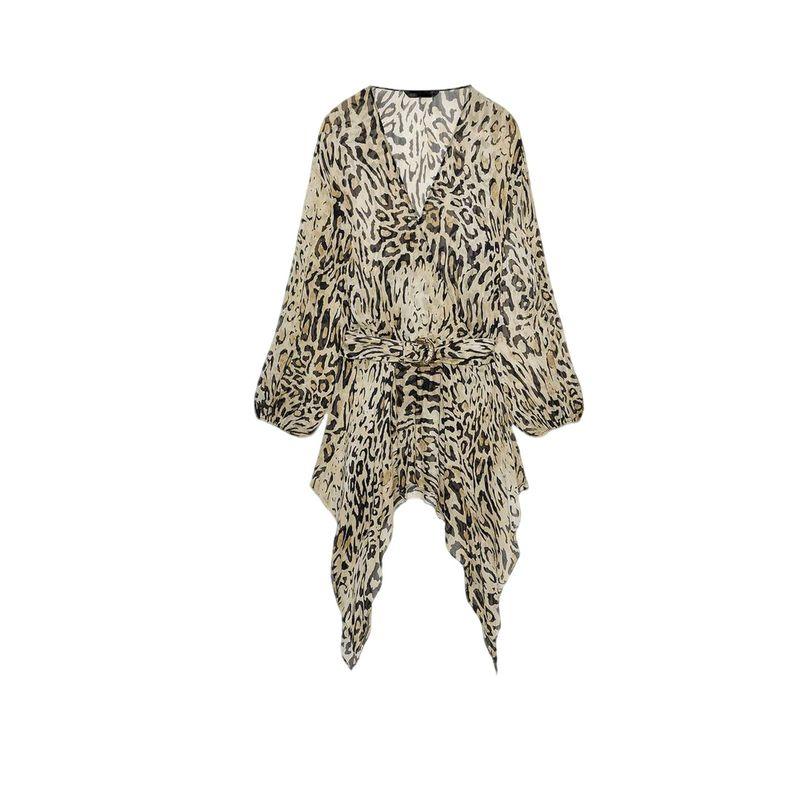 Autumn New Women's Clothing Double Breasted V Neck Long Sleeves Asymmetrical with Belt Animal Pattern Print Tops 8551067