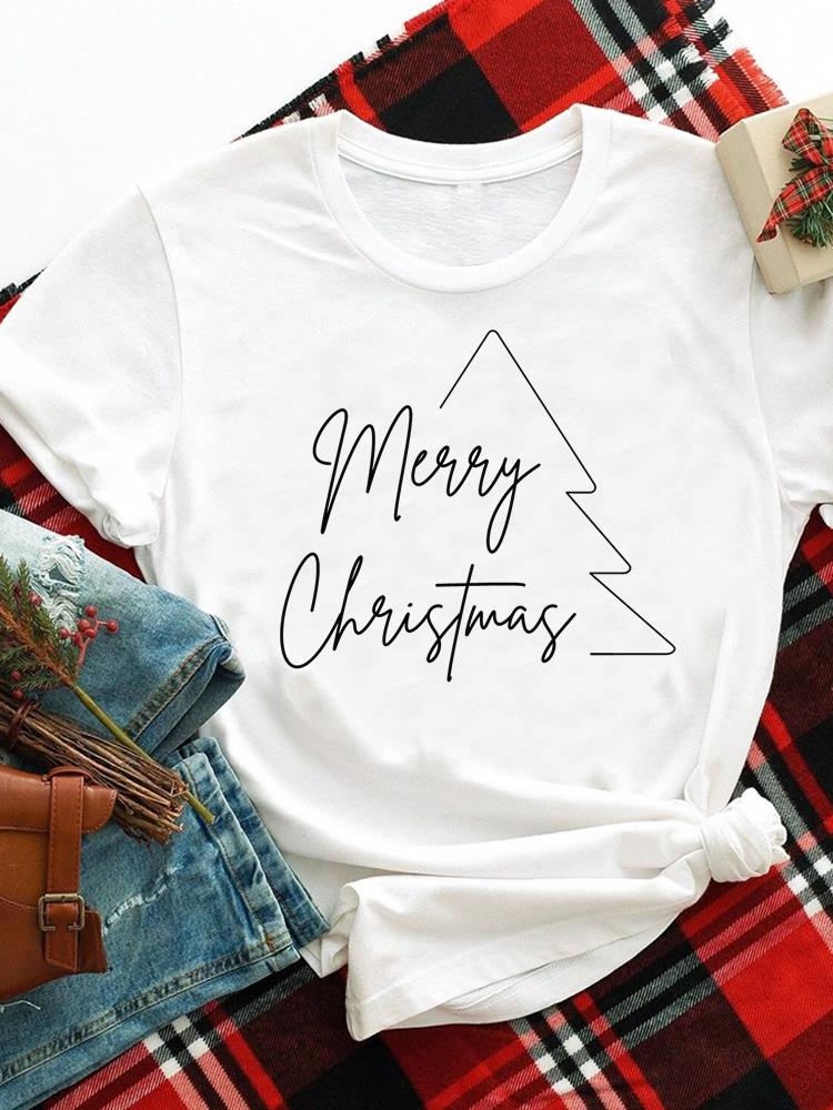 (Asian Size) merry Christmas new year o-neck Women's Top T Clothing Print lovely trend cute Short Sleeve T-shirts Fashion holiday Graphic Tee