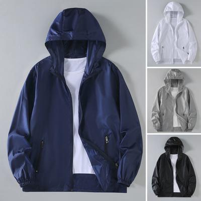 Herren Sommer Sonnenschutz Mantel Mit Kapuze Langarm Reißverschlussleiste Anti-UV Jacke Mit Taschen Einfarbig Outdoor Eisseide Oberbekleidung
