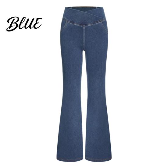 Women Casual Style Trousers High Waist Denim Pants Slightly Slim Fit Elegant Flared Jeans Pockets Cross Waistband Streetwear Comfortable