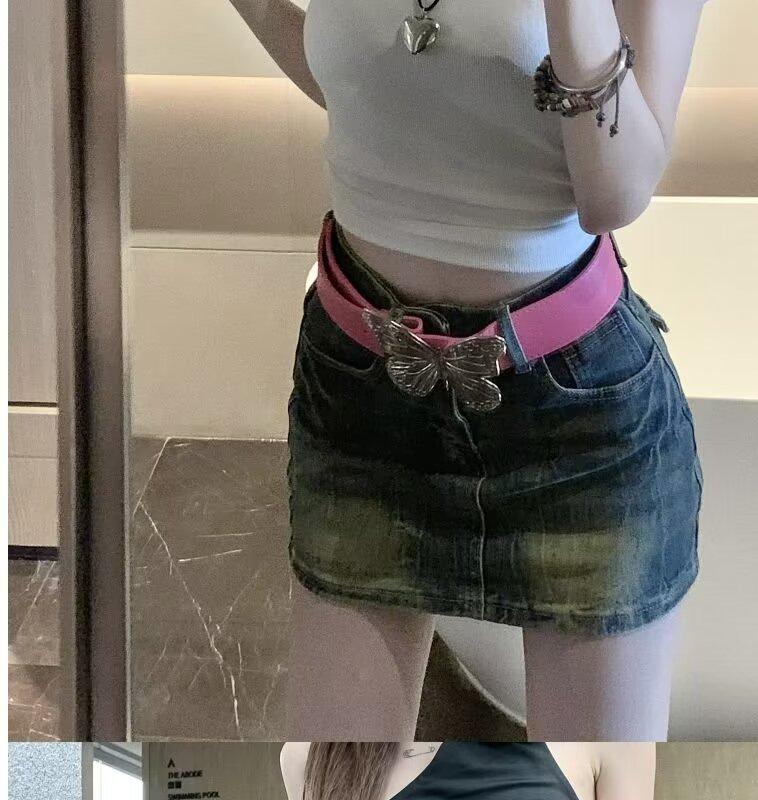 Women's High-Waist American Retro Embroidered Blue Denim A-Line Skirt - Slim Fit Summer Style