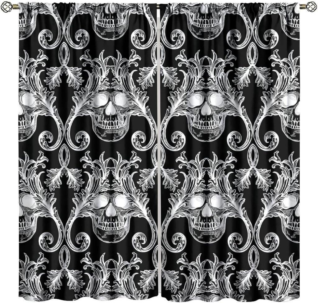 Gothic Black Damask Curtain Vintage Floral Exotic Suger Skull Window Treatments Bedroom Bone Skeleton Antique Bohemian Polyester Washable Ready