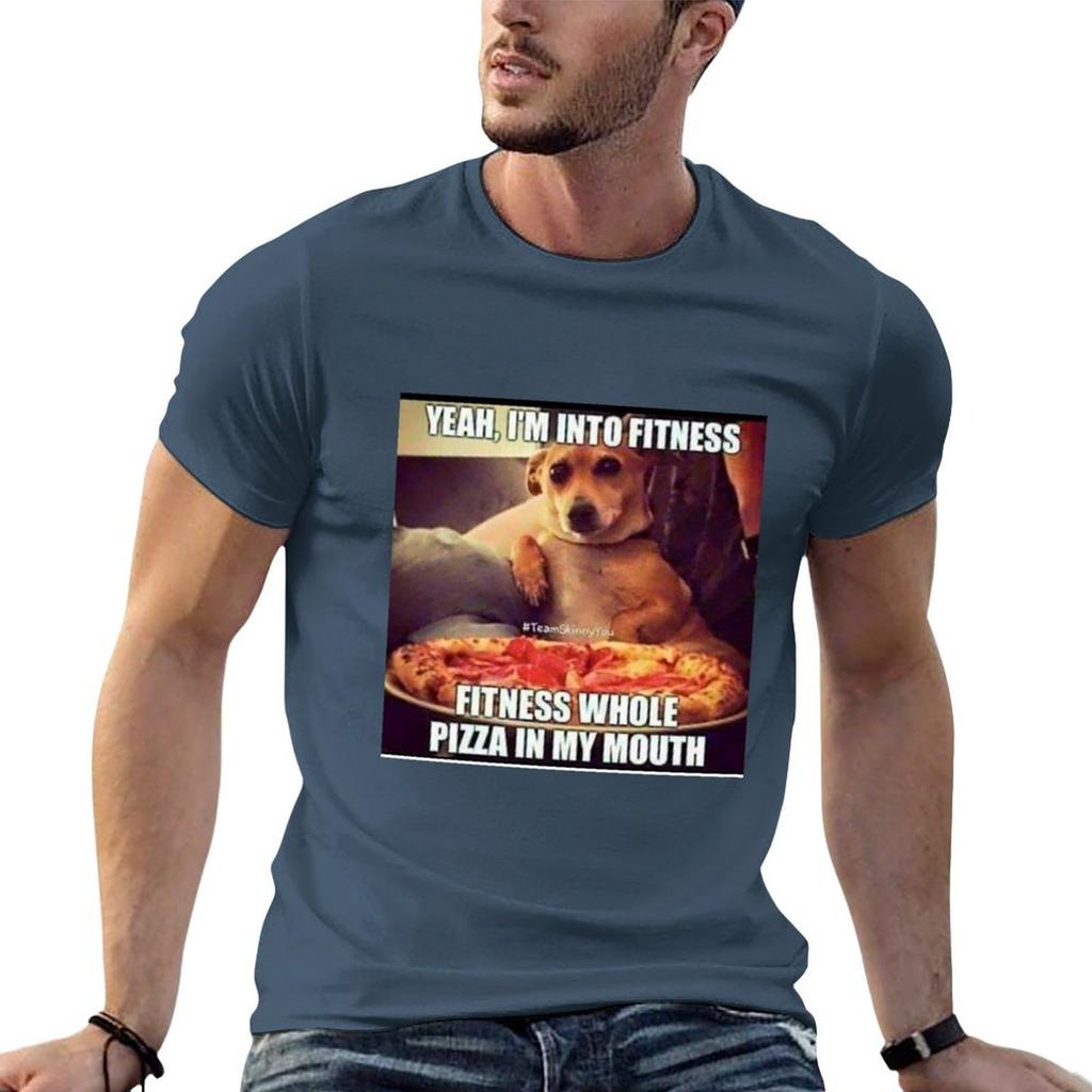 Yeah Im Not Into Fitness Fitness Whole Pizza In My Mouth Meme Tshirt Simple Solid Color Crew Neck Tee