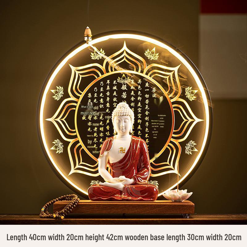 Keramik Shakyamuni Buddha Statue - Wohnzimmer Kunstwerk mit den Drei Heiligen und Lichtkreis Design