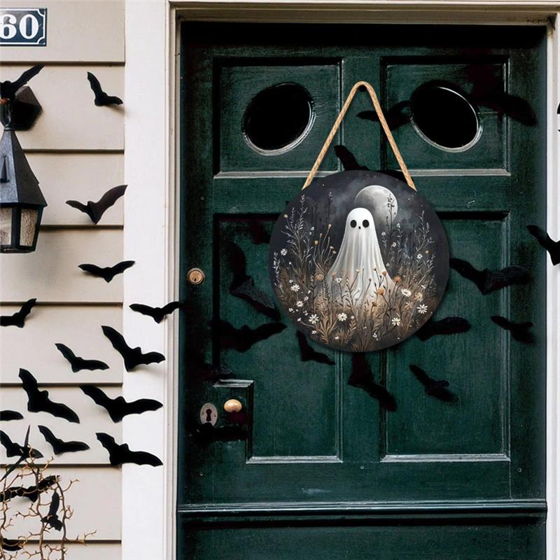 A25F-Pumpkin Halloween Sign For Front Door 2D Wood Decorations Pirate Captain Haunted House White Ghost For Yard