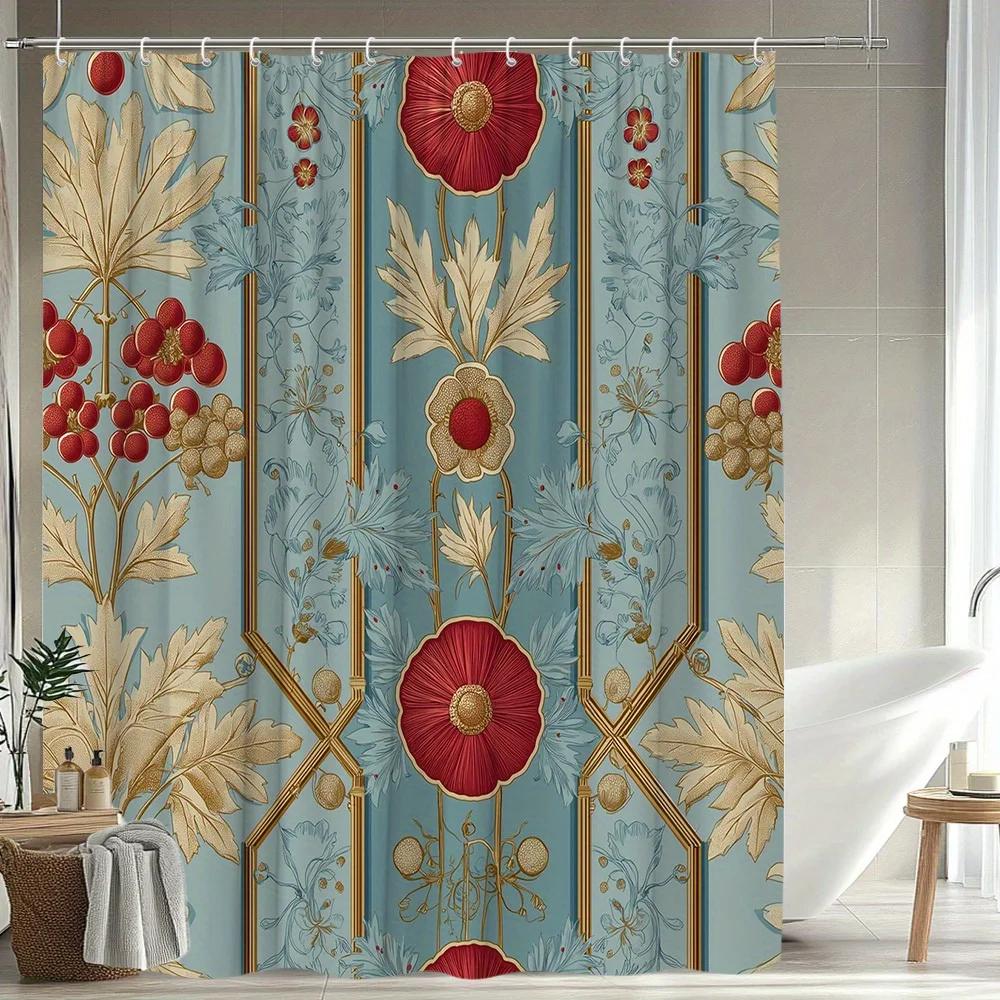 

1Pc Floral Shower Curtain Medieval Nature Plant Pattern Bathroom Decor Polyester Fabric With 12 Hooks 70. 8X70. 8 Inches W60H190(CM)-1 Pcs