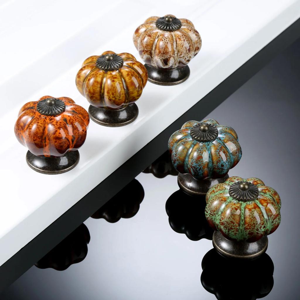 1pc Antique Pumpkin Ceramic Door Knob for Cabinets Cupboard Dresser Drawers Kitchen Furniture Handles Pulls with 2 Sizes Screws