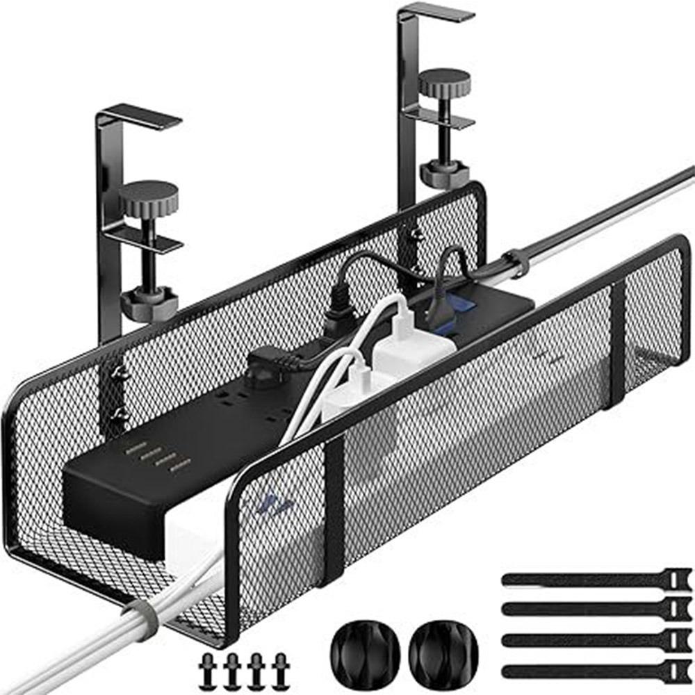 Black White Under Desk Storage Basket Adjustable Easy Install Wire Management Tray No Punching Required Steel