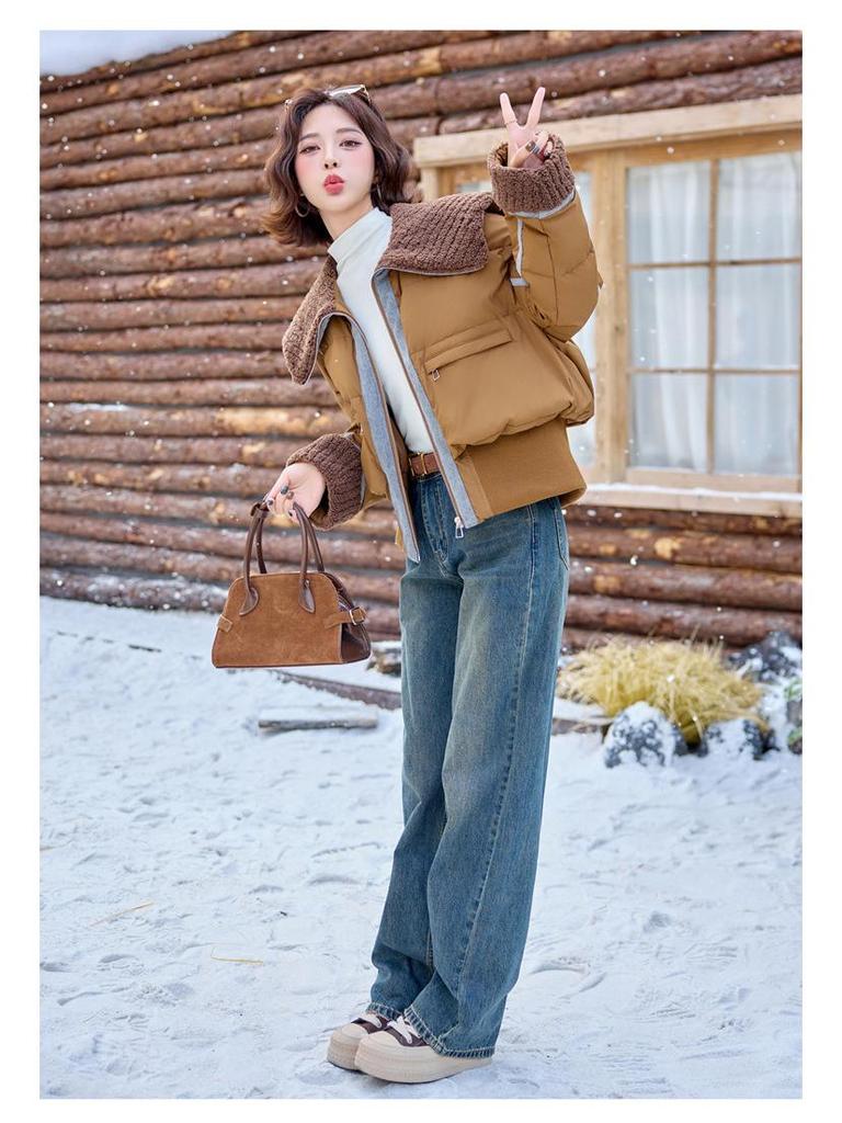 YJ6838 Women's Winter Down Jacket: Versatile Spliced Denim Lapel with Particle Fleece and 90% White Duck Down