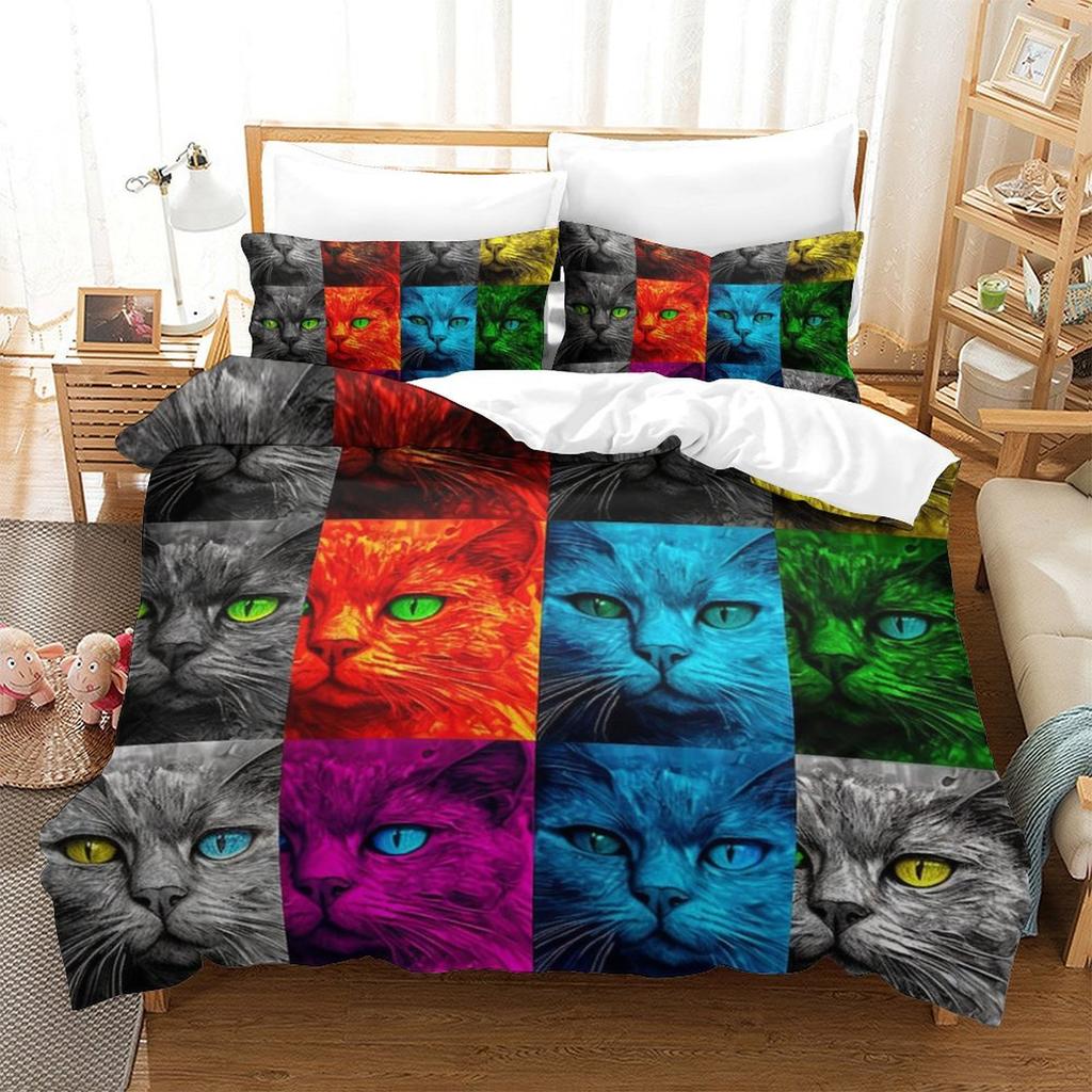 Colorful Cat 3D Digital Printing Polyester Quilt Cover Two Or Three Pieces Can Be