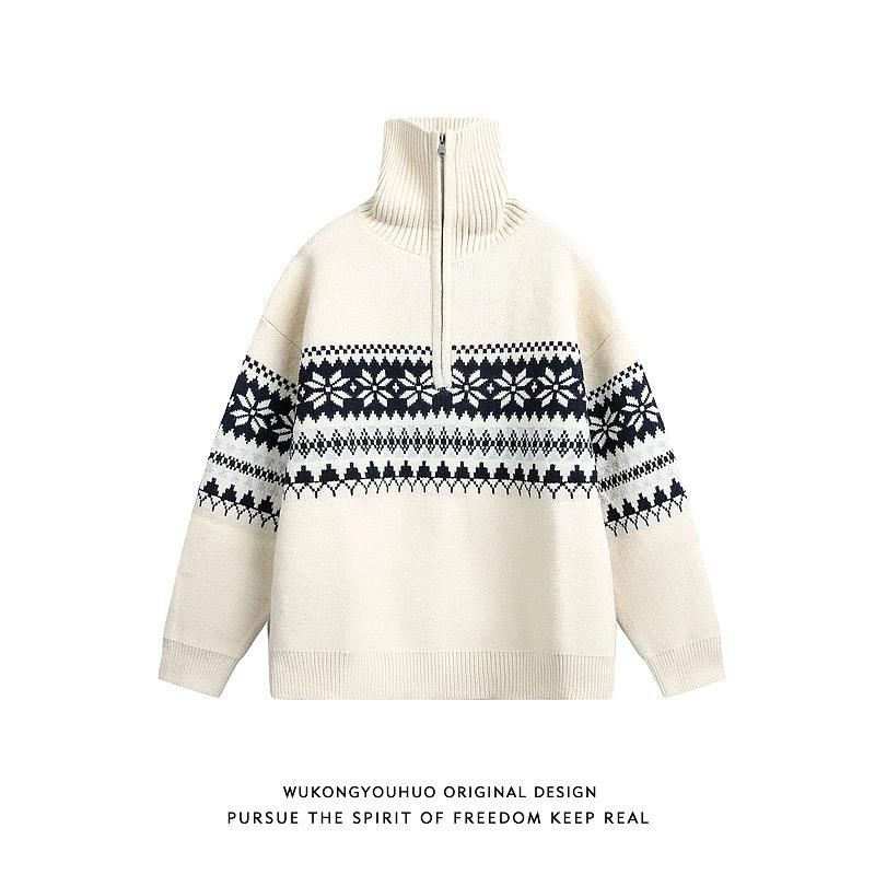 Pull Cardigan Homme Jacquard Fair Isle Fermeture Éclair Demi-Zip Col Montant Noël