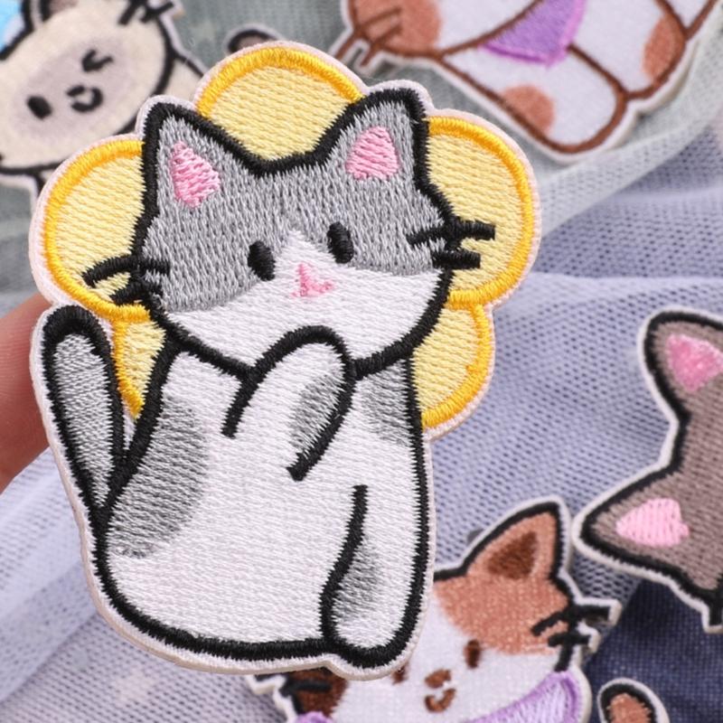 6 Pcs Lovely Animal Repair Patches Iron On Embroidered Patches Cartoon Cats Sew On Decorative Appliques for Clothes Hat