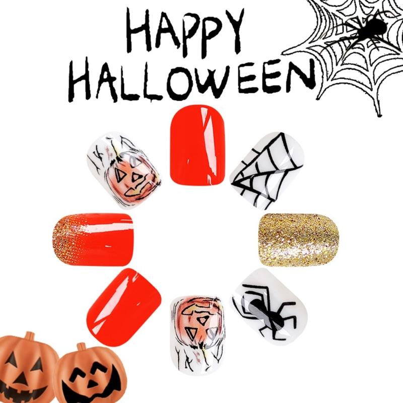 NonToxic Fake Nail Set Matte Orange Glitters Ghostly Stripes Designs Comfortable Plastic Nail Art For Sensitive Skin