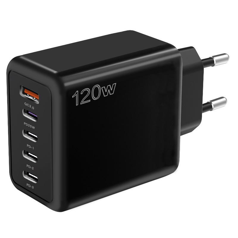 

120W Multi-Port Fast Charger - 4 Ports + USB, Compatible with Xiaomi, Apple, Type-C; EU, US, UK Standards Device Only