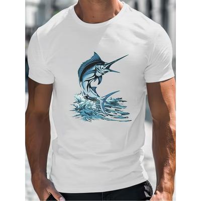 Taglie Europee T-shirt Estiva da Uomo Onde Pesce Marlin Dinamico Stampa Grafica Manica Corta Magliette Tendenza Top Casual