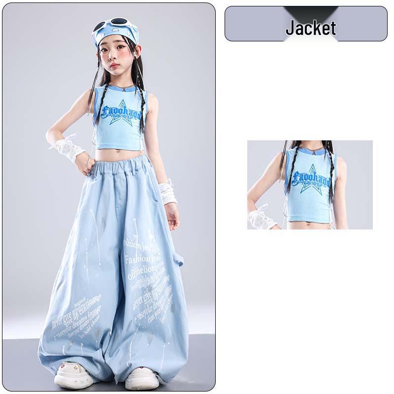 Trendy Blue Jazz Dance Costumes for Girls - Fashionable Performance Outfits for Children's Fashion Shows