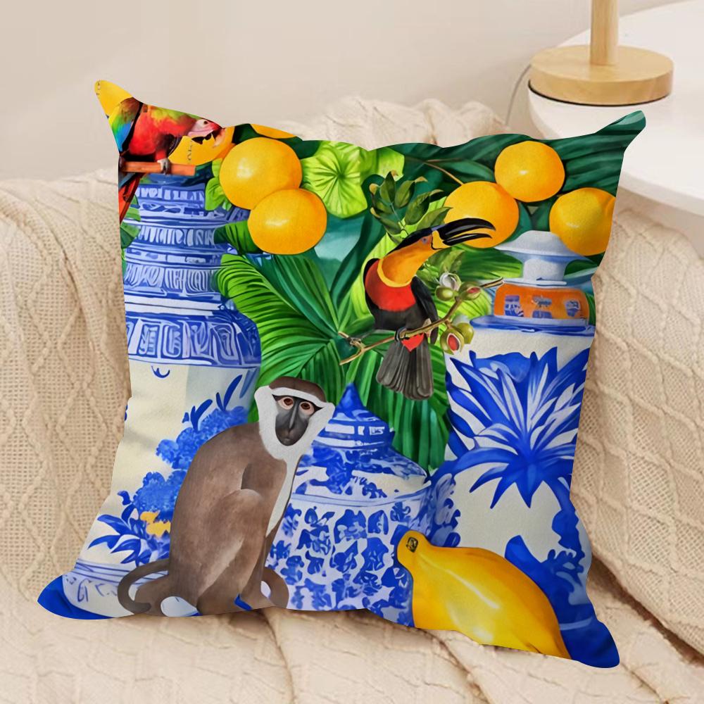 Monkey in chinoiserie garden Cushion Cover Soft Plush Fabric DoubleSided Printed Cushion Covers for All Seasons Home Decor