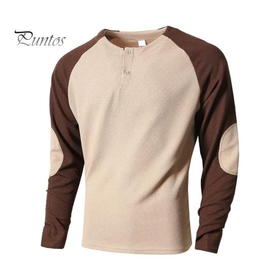 

Весна Осень Мужская футболка с длинным рукавом и цветными блоками, на пуговицах, с круглым вырезом, с нашивками, повседневная спортивная футболка для вечеринок S хаки