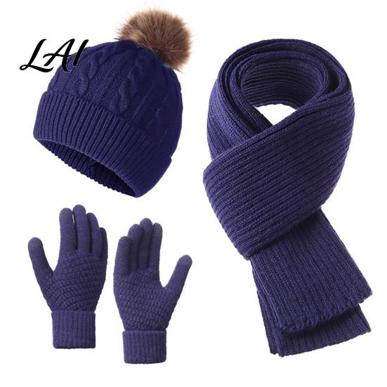 Thickened Thermal Accessories for Women Winter Hat Scarf Gloves Set Knitted Pom Warm Cute Gloves Solid Color Cozy Knit Men Cold Weather Autumn