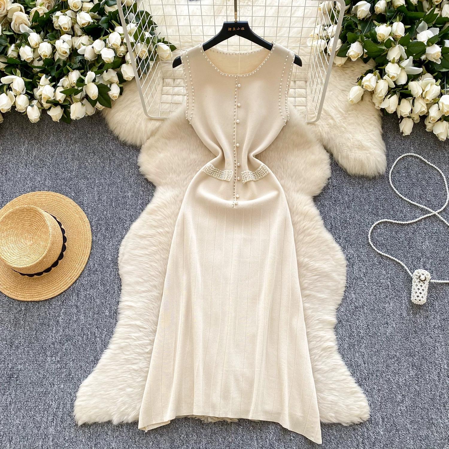 

Летние женские элегантные безрукавные трикотажные платья-свитера с бисером One Size абрикосовый