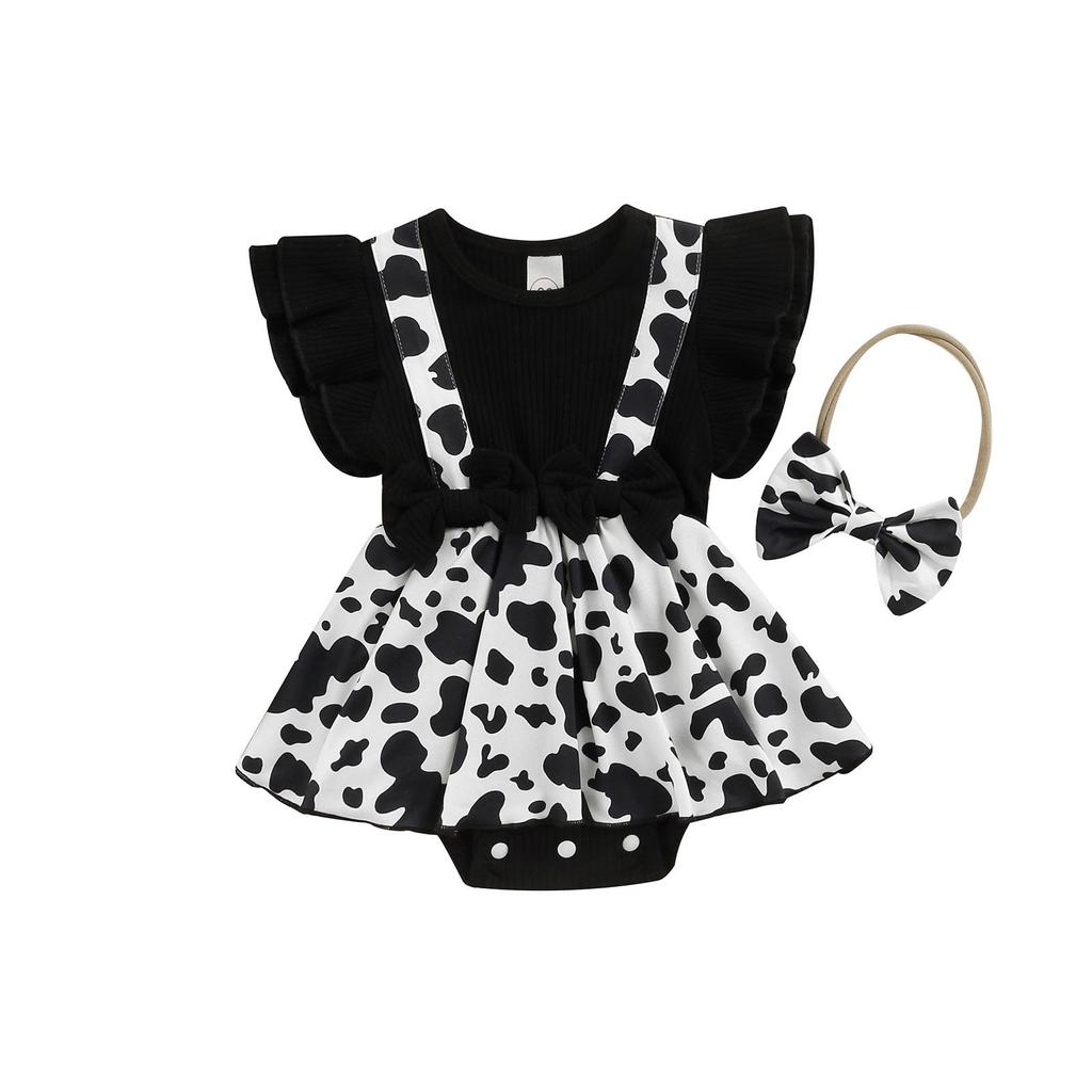 Salopetă de vară pentru bebeluși pentru bebeluși, mânecă cu volană, rochie cu imprimeu floral, body mozaic + bentiță cu fundă