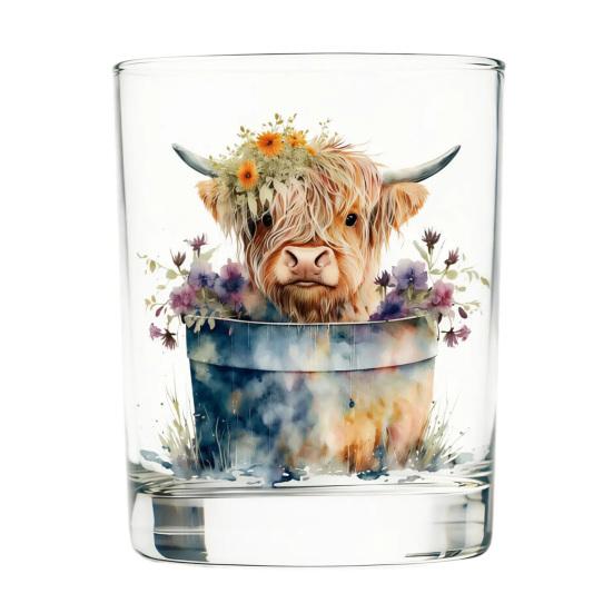 Bicchiere in Vetro Mucca delle Highlands, Bicchiere Termico Acquerello Floreale Dipinto a Mano, Tazza Trasparente per Latte Caffè Whiskey, Regalo per Amanti degli Animali