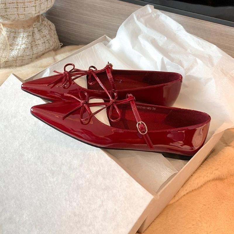 2025 T-strap Pointed Toe Flats Shoes Women Bowtie Buckle Strap PU Leather Elegant Red Mary Janes Shoes Ladies Party Black Pumps