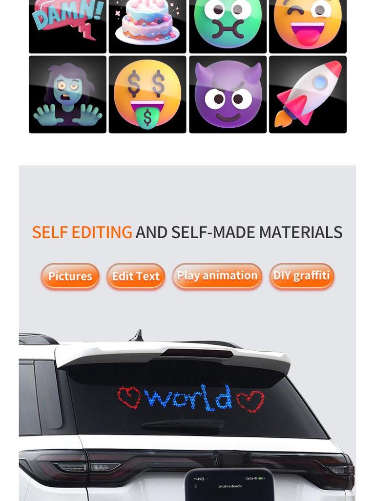 HD Flexible LED Car Smart Sticker: Full-Color Bluetooth App-Controlled Expression Screen for Rear Window, Waterproof and Soft.