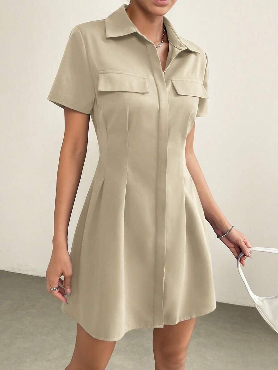 

European and American Mid-length Pleated Waist Turn-down Collar Shirt Dress Large абрикосовий