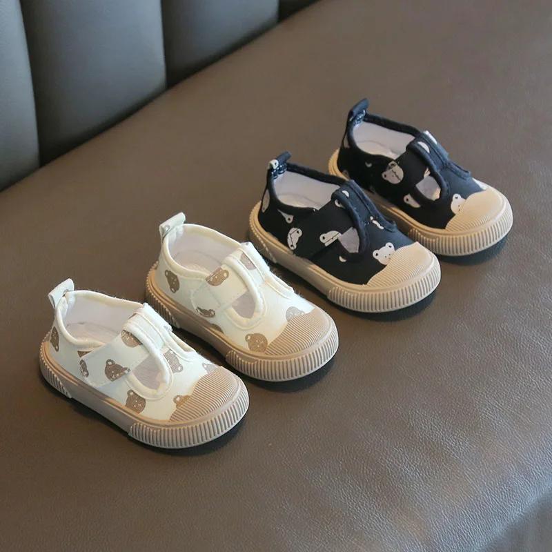 New Spring Baby Girl Shoes Kids Autumn Canvas Shoes Children Casual Sneakers Korean Cartoon Bear Style Kids First Walkers