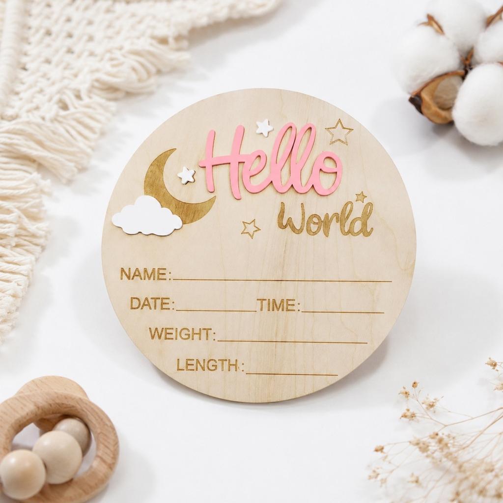 Baby Announcement Sign 5.9 Inch Wooden World Decor with Moon and Clouds for Nursery, Welcome New Baby