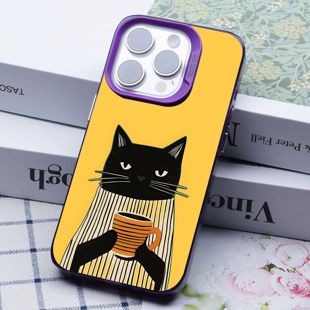 Cute Coffee Cat Purple Translucent Mobile Phone Case for iPhone 17 16 15 14 13 12 11 X XR XS Air Pro Max Plus Colorful Cover