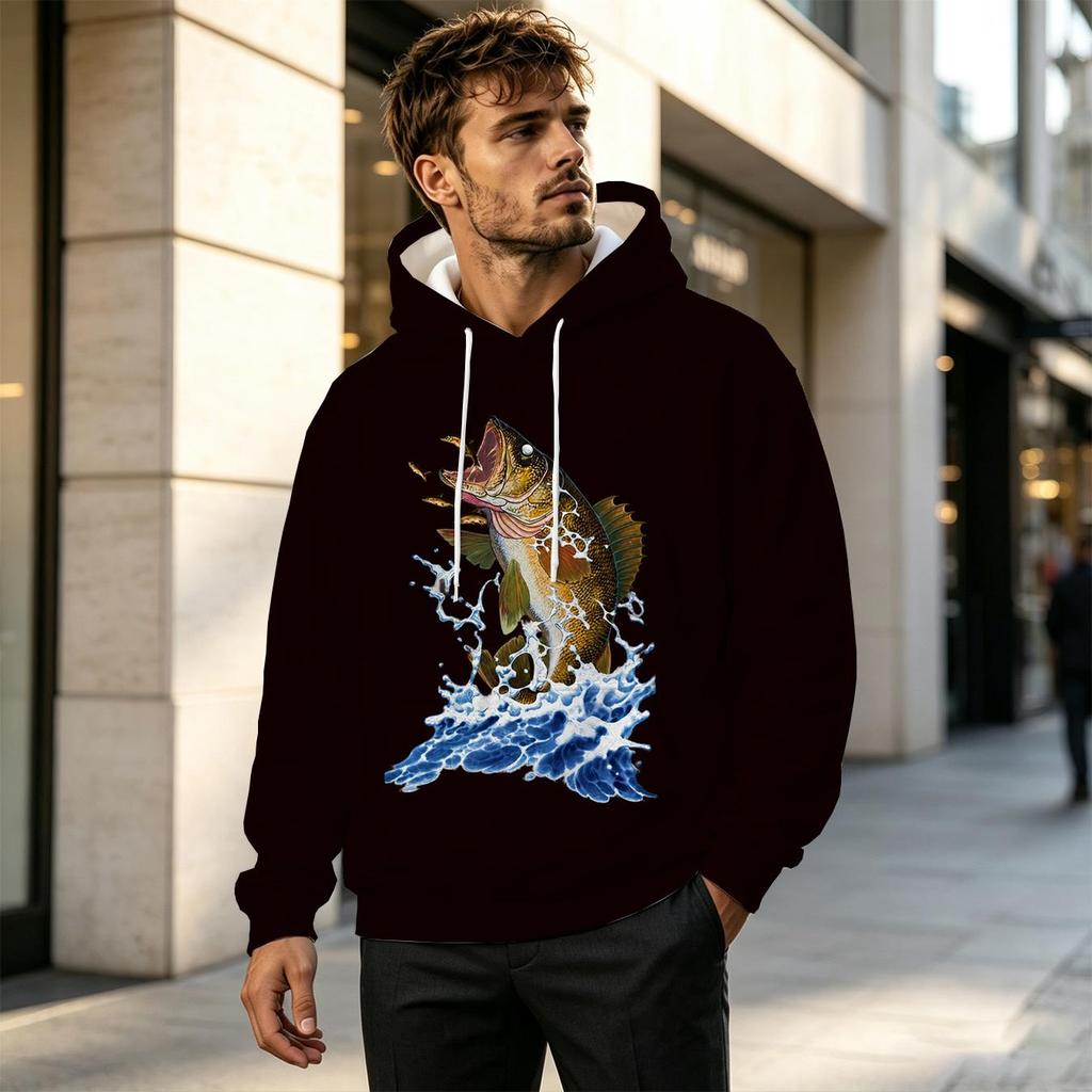 Men's 2D Print Cotton Hoodie, Breathable Loose Fit Casual Sweatshirt Perfect for Thanksgiving, Daily Outdoor Wear, Soft Comfortable Mens Hooded Pullov