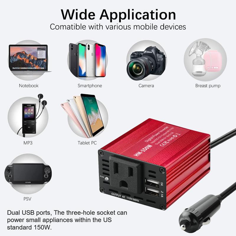 150W Car Inverter DC 12V to AC 110V US Version Auto Power Inverter USB 1A  2.1A Fast Charging Charger For Car Power Adapter