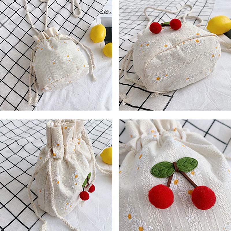 Women's Summer Simple Casual Small Satchel Women's Fashion Shoulder Bag Cute Canvas Cherry Bucket Bag