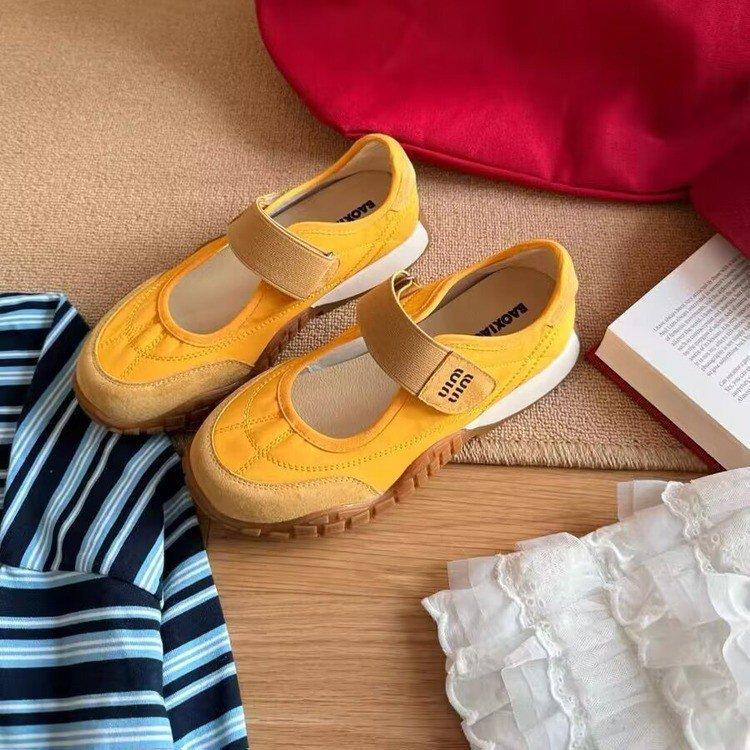 

MIUMIU~ Korean versatile casual sports shoes women s Velcro soft leather thick-soled round head commuting Mary Jane shoes 35 жёлтый
