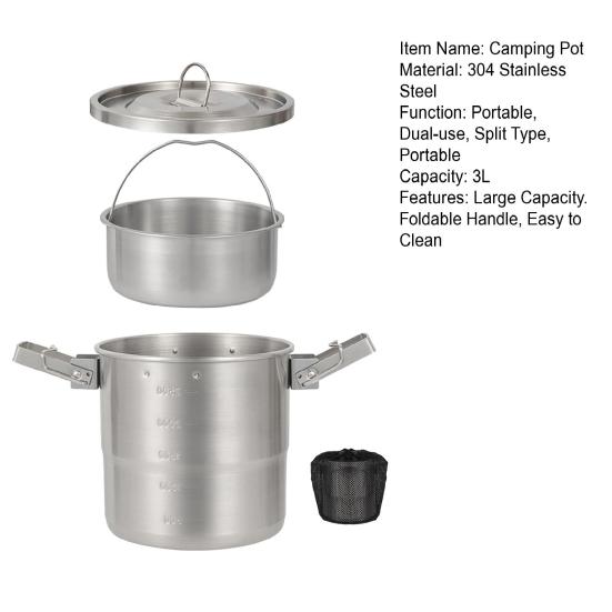 3L 304 Stainless Steel Camping Bowl with Folding Handle Portable Outdoor Hiking Backpacking BBQ Picnic Travel Cooking Pot Cookware Dishware