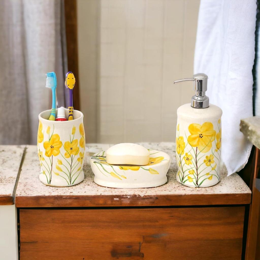 Prémiová keramická koupelnová sada 3 kusů | Moderní ručně malovaná koupelnová sada s 300ml dávkovačem mýdla, držákem na zubní kartáčky a mýdlenkou |