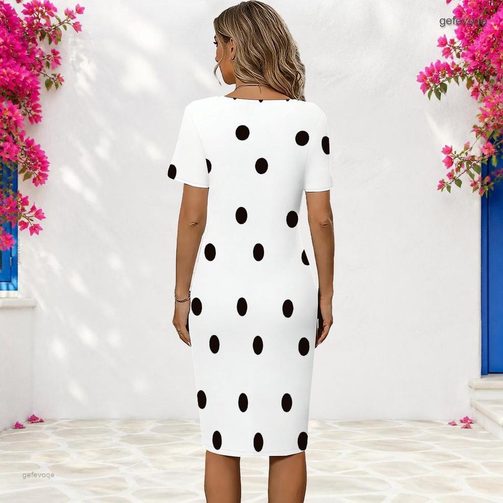 Women Plus Size Round Neck Short Sleeve Polka Dot Printed White Fitted Midi Dress