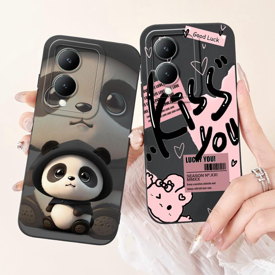 For Vivo Y28 5G Y29 5G V2420 Phone Case Vivo Y17s Y19s V2419 Back Cover Soft Liquid Silicone Pnada Rabbit Flower Cute Fundas