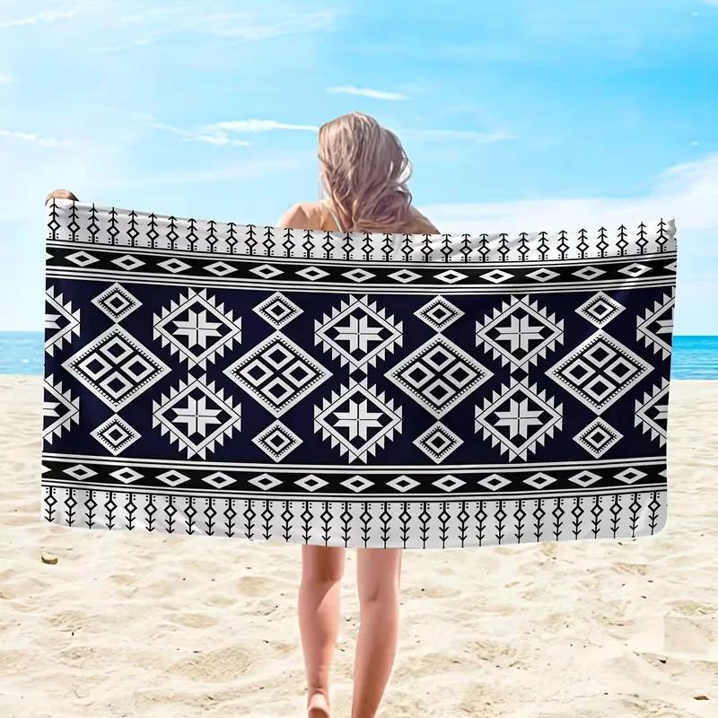 Extra Large Thick Beach Blanket with Black  White Floral Bohemian Print, Super Soft Durable Portable Suitable for Beach Towels
