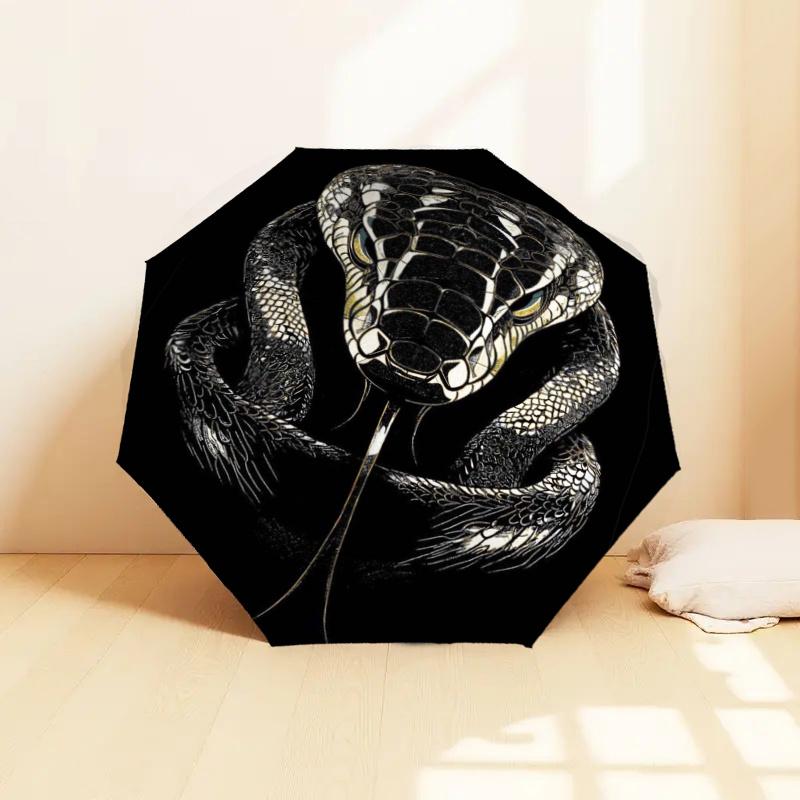 Black and White Snake Head Print Automatic Opening Folding Umbrella with 8-Bone Iron Frame - Perfect for Fans, Travelers, Daily Use, and Fes