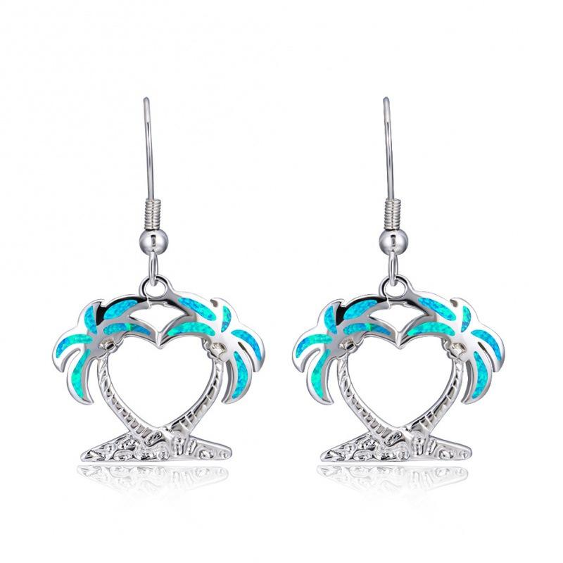 European and American wis popular h two blue opal coconut tree earrings hollow love temperament personalized jewelry синий