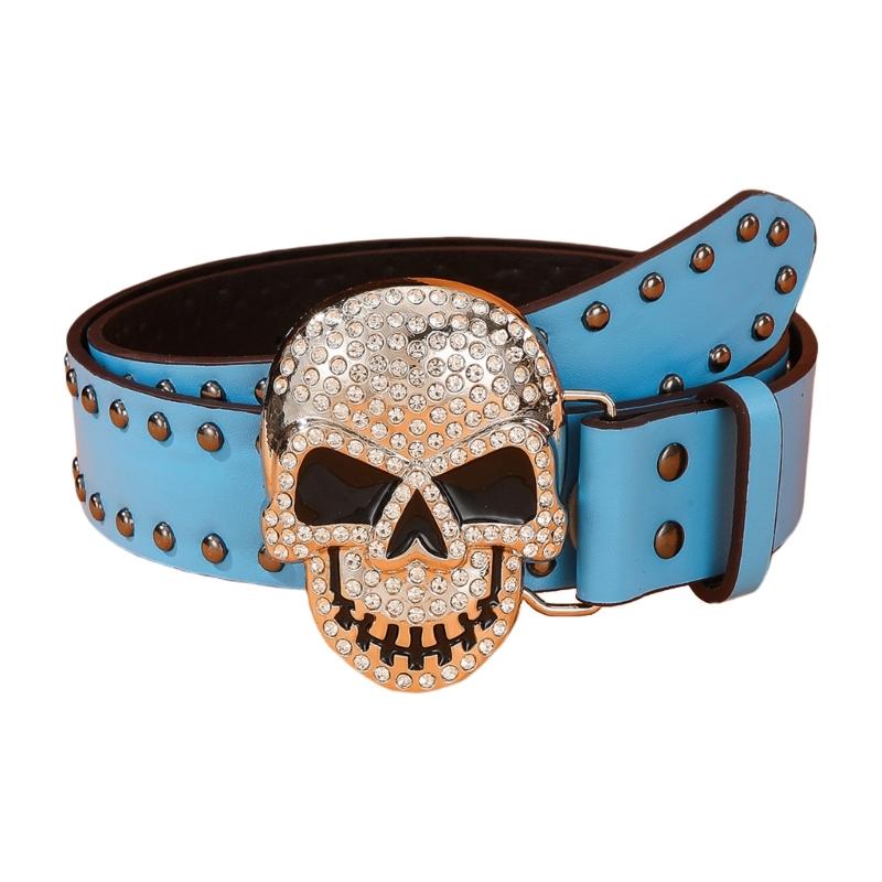 Rhinestones Skull Buckle Belt for Women Men with Rivet Studded Hiphop Belt for Jeans Popular Rockers Waist Accessories