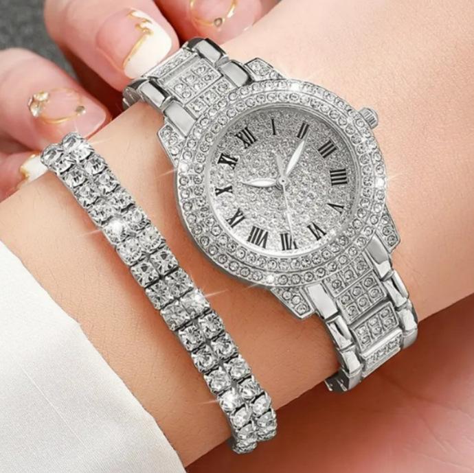 Trendy Roman Numerals Luxury Diamond-Encrusted Cuban Bracelet With Women'S Watch, Fashionable Hip-Hop Steel Watch